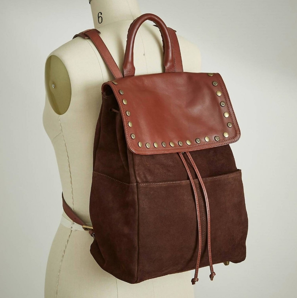 SUNDANCE Simplicity Brown Leather Studded Flap Backpack - Picture 2 of 13